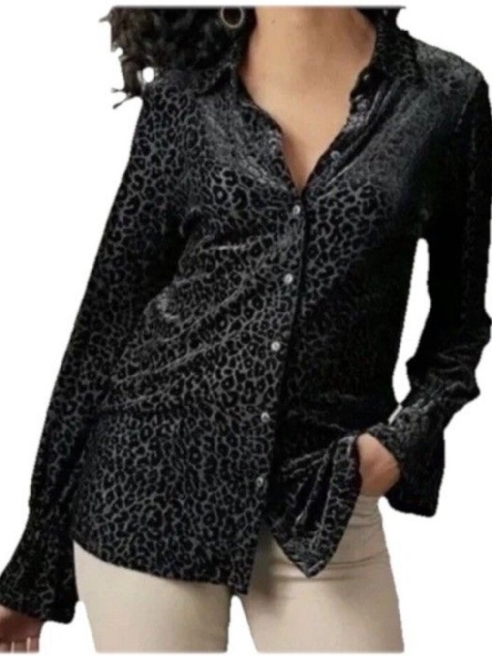 Soft Surroundings Black Isola Leopard Print Burnout Velvet Button Down Shirt XL
